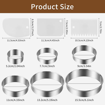 9Pcs Round Cookie Cutter Set - Stainless Steel Biscuit Cutters(2,3,3.5,4,5,6Inch) with 3 Firm Plastic Dough Scrapers – Large Circle Cookie Cutter for Baking Pastry, Donuts, Fondant & Brownies