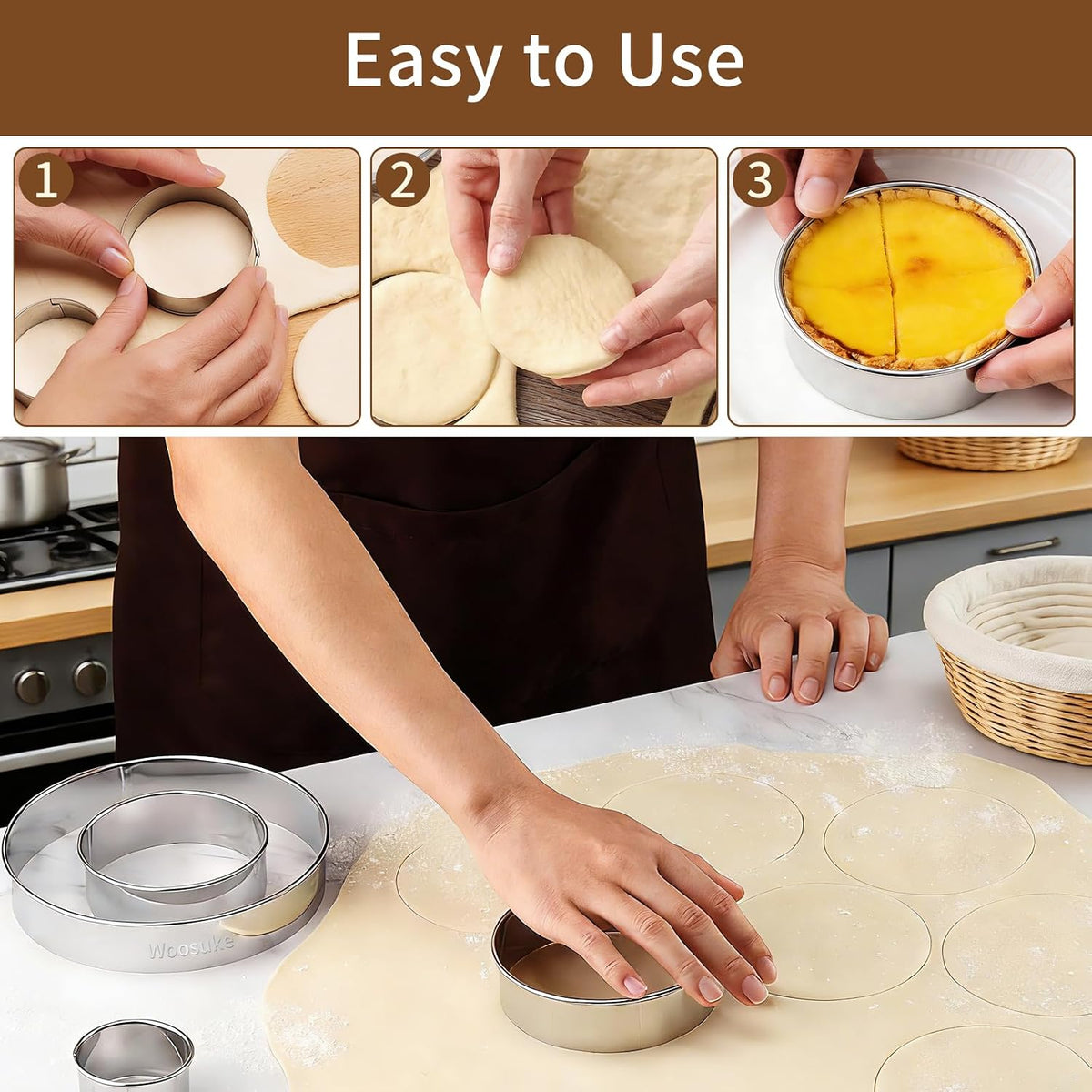9Pcs Round Cookie Cutter Set - Stainless Steel Biscuit Cutters(2,3,3.5,4,5,6Inch) with 3 Firm Plastic Dough Scrapers – Large Circle Cookie Cutter for Baking Pastry, Donuts, Fondant & Brownies