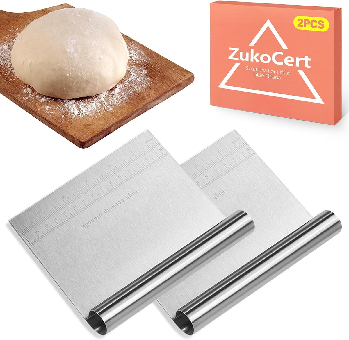 2-Pack Stainless Steel Bench Scraper – Durable Dough Cutter with Built-In Measuring Ruler (Multipurpose Tool for Pizza, Cake, Baking & Pastry Work, Easy to Clean)