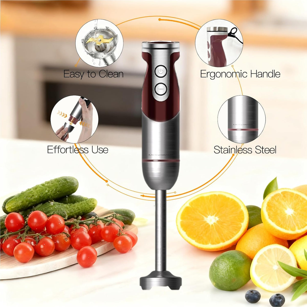 5-in-1 Immersion Hand Blender, 400W, Variable Speed, Red