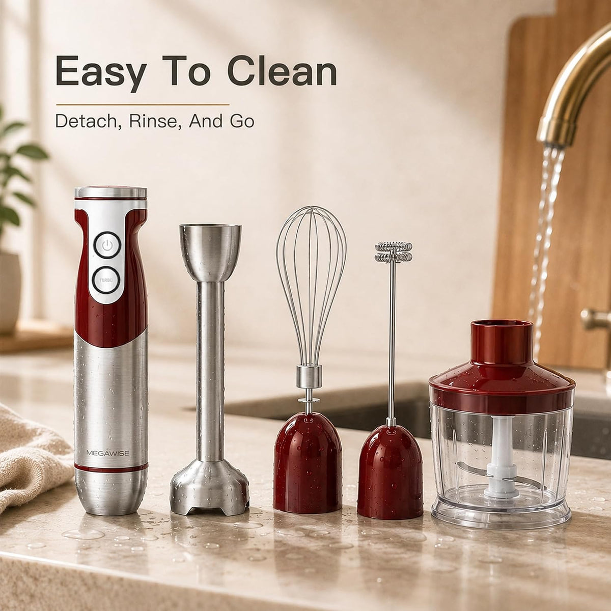 5-in-1 Immersion Hand Blender, 400W, Variable Speed, Red