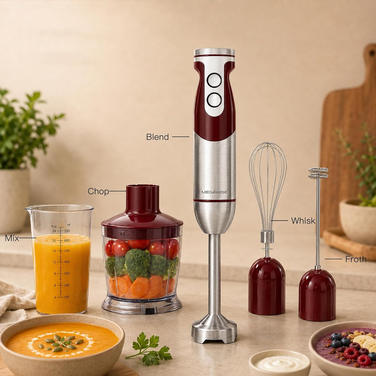 5-in-1 Immersion Hand Blender, 400W, Variable Speed, Red