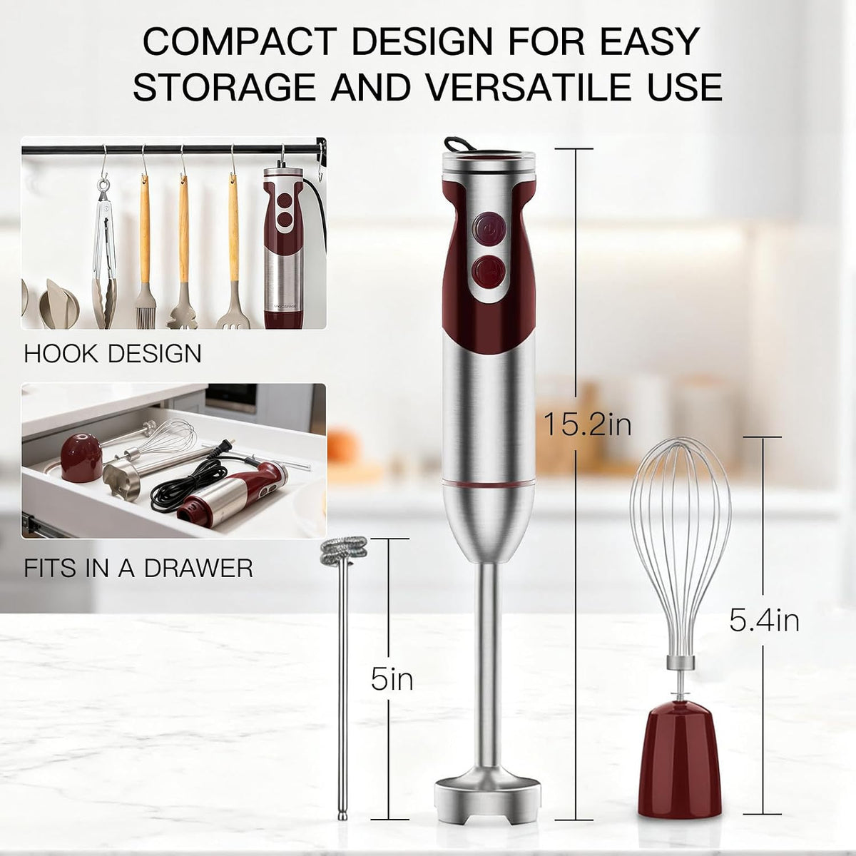5-in-1 Immersion Hand Blender, 400W, Variable Speed, Red