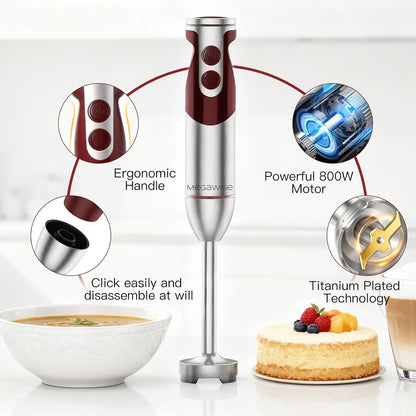 5-in-1 Immersion Hand Blender, 400W, Variable Speed, Red