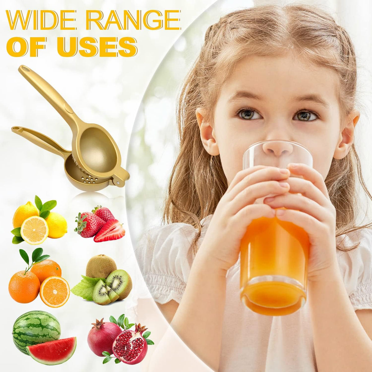 Lemon Squeezer, Heavy Duty Zinc Alloy Manual Citrus Juicer and Lime Squeezer, Handheld Fruit Press for Maximum Juice Extraction, Easy to Clean Metal Hand Juicer for Cooking & Cocktails, Gold