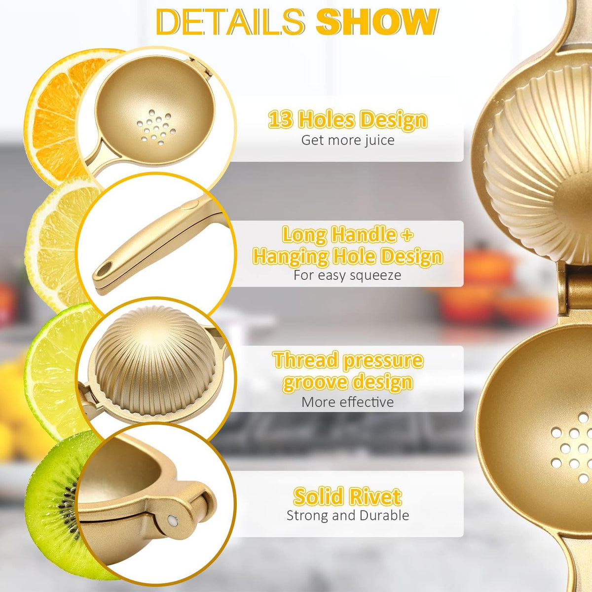 Lemon Squeezer, Heavy Duty Zinc Alloy Manual Citrus Juicer and Lime Squeezer, Handheld Fruit Press for Maximum Juice Extraction, Easy to Clean Metal Hand Juicer for Cooking & Cocktails, Gold