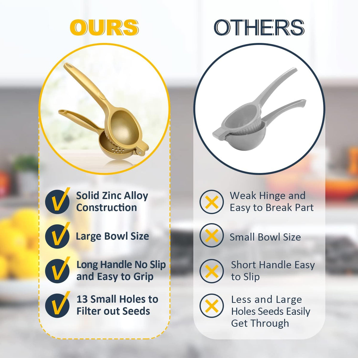 Lemon Squeezer, Heavy Duty Zinc Alloy Manual Citrus Juicer and Lime Squeezer, Handheld Fruit Press for Maximum Juice Extraction, Easy to Clean Metal Hand Juicer for Cooking & Cocktails, Gold