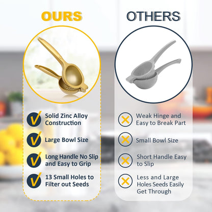 Lemon Squeezer, Heavy Duty Zinc Alloy Manual Citrus Juicer and Lime Squeezer, Handheld Fruit Press for Maximum Juice Extraction, Easy to Clean Metal Hand Juicer for Cooking & Cocktails, Gold