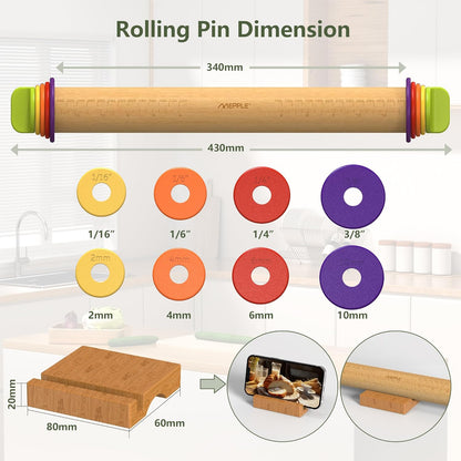 Rolling Pin with Thickness Rings for Baking,Fondant, Pizza, Pie Crust, Cookie, Pastry, Roller Rod for Dough Thickness, 13.6" Adjustable Wooden Rolling Pin with 4 Thickness Rings