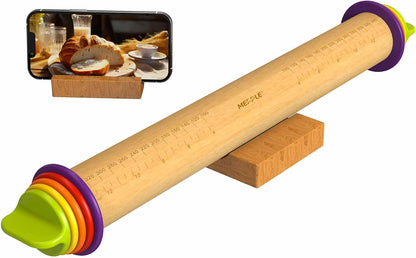 Rolling Pin with Thickness Rings for Baking,Fondant, Pizza, Pie Crust, Cookie, Pastry, Roller Rod for Dough Thickness, 13.6" Adjustable Wooden Rolling Pin with 4 Thickness Rings