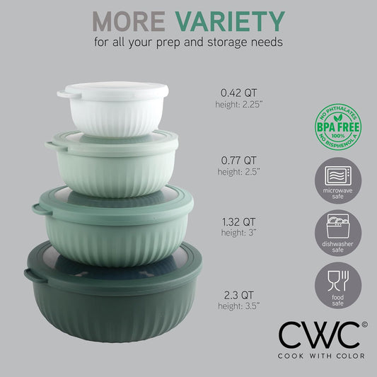 Prep Bowls with Lids- Wide and Deep Nesting Plastic Small Mixing Bowl Set with Lids, 8 Piece Set - Wide Bowls, Sage