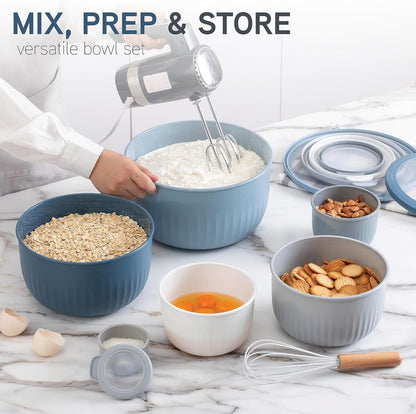 Prep Bowls with Lids- Wide and Deep Nesting Plastic Small Mixing Bowl Set with Lids, 8 Piece Set - Wide Bowls, Sage
