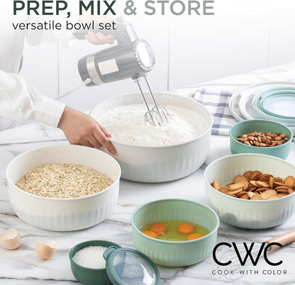 Prep Bowls with Lids- Wide and Deep Nesting Plastic Small Mixing Bowl Set with Lids, 8 Piece Set - Wide Bowls, Sage