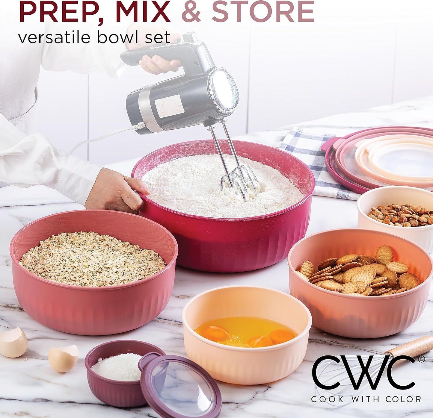 Prep Bowls with Lids- Wide and Deep Nesting Plastic Small Mixing Bowl Set with Lids, 8 Piece Set - Wide Bowls, Sage