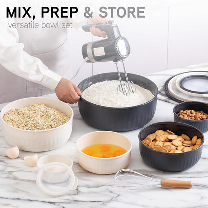 Prep Bowls with Lids- Wide and Deep Nesting Plastic Small Mixing Bowl Set with Lids, 8 Piece Set - Wide Bowls, Sage