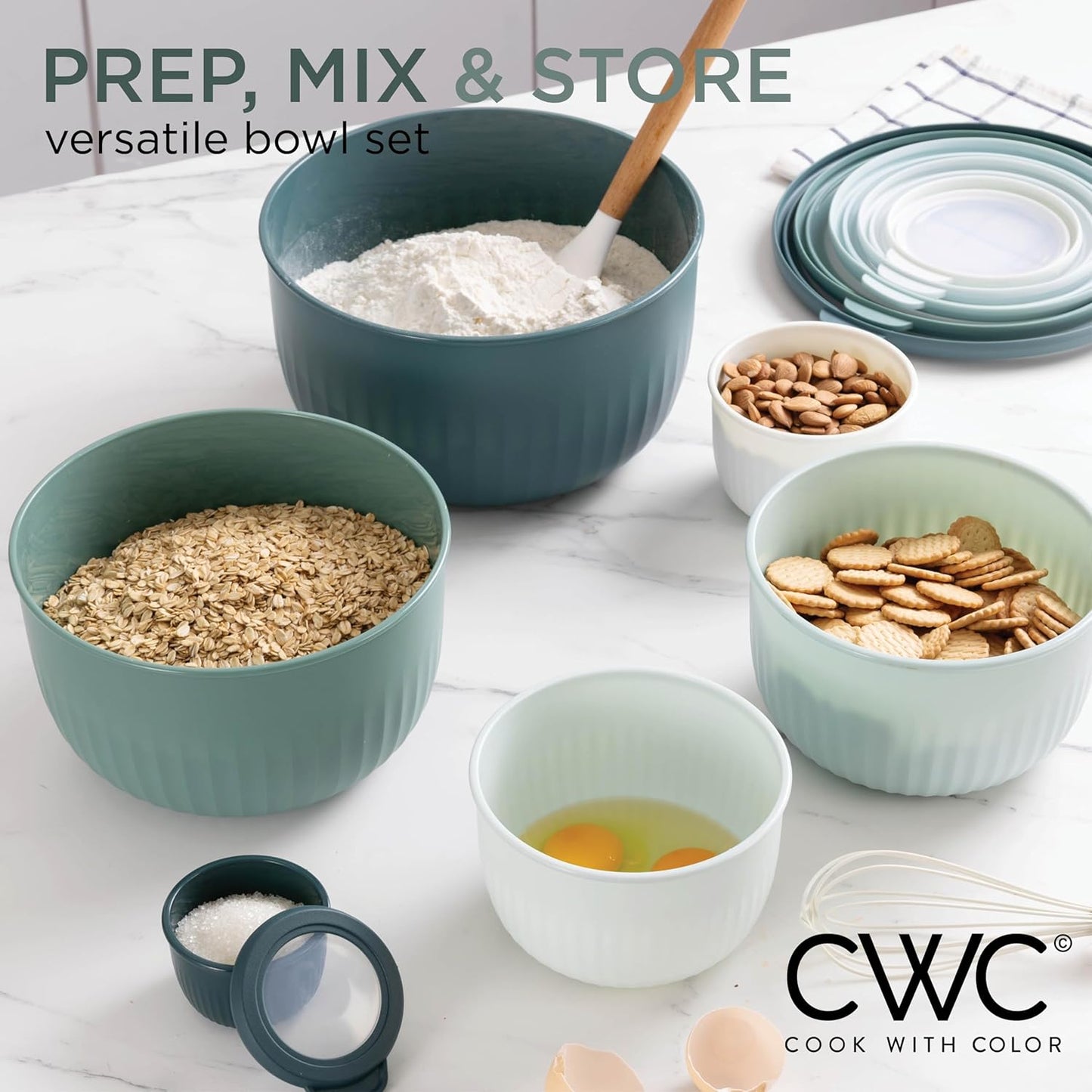 Prep Bowls with Lids- Wide and Deep Nesting Plastic Small Mixing Bowl Set with Lids, 8 Piece Set - Wide Bowls, Sage