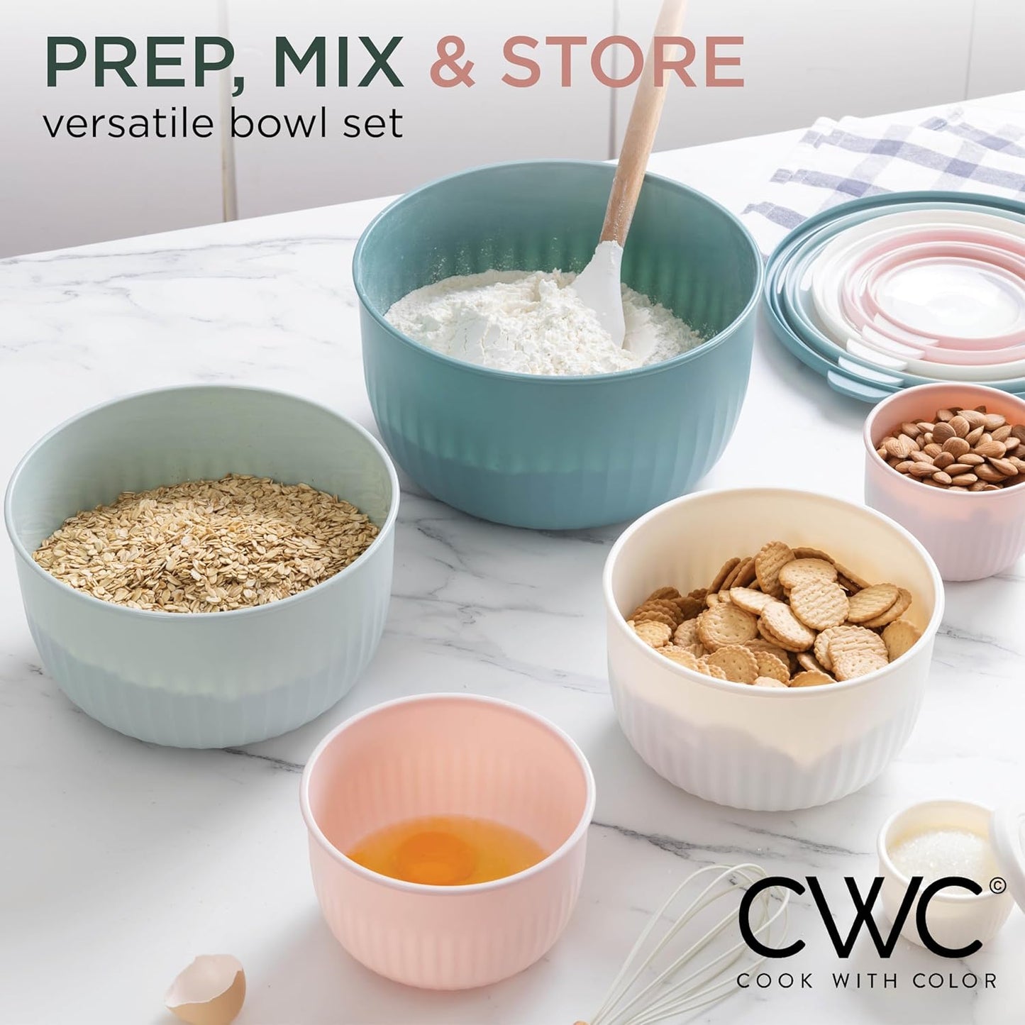 Prep Bowls with Lids- Wide and Deep Nesting Plastic Small Mixing Bowl Set with Lids, 8 Piece Set - Wide Bowls, Sage