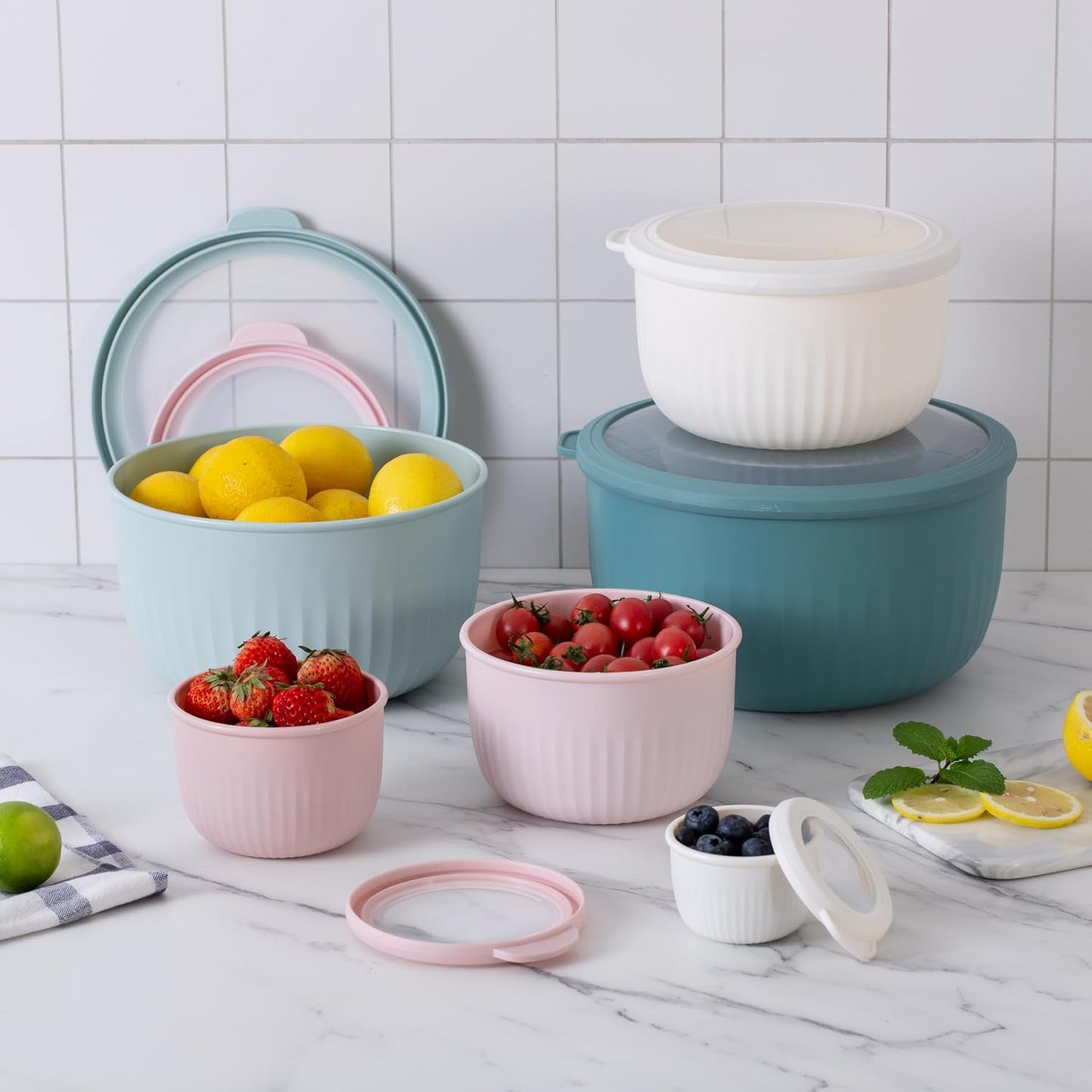 Prep Bowls with Lids- Wide and Deep Nesting Plastic Small Mixing Bowl Set with Lids, 8 Piece Set - Wide Bowls, Sage