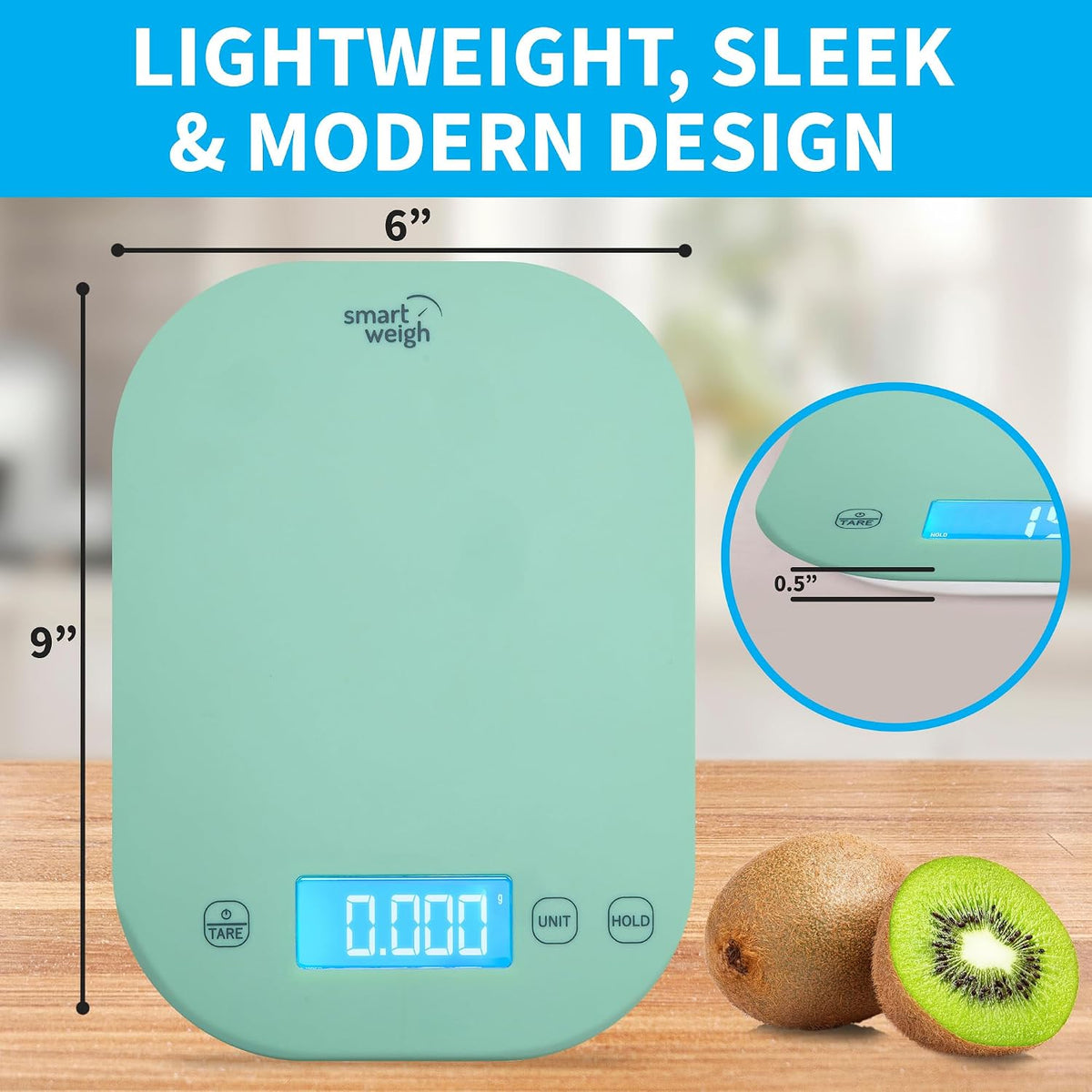 Mint Green Kitchen Scale, 11 lb x 1g, Tare & Backlit Display