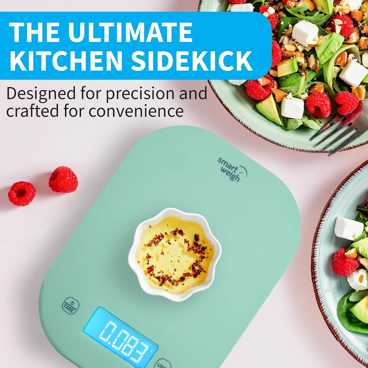 Mint Green Kitchen Scale, 11 lb x 1g, Tare & Backlit Display