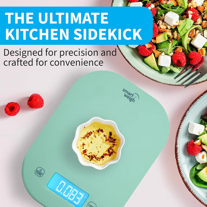 Mint Green Kitchen Scale, 11 lb x 1g, Tare & Backlit Display