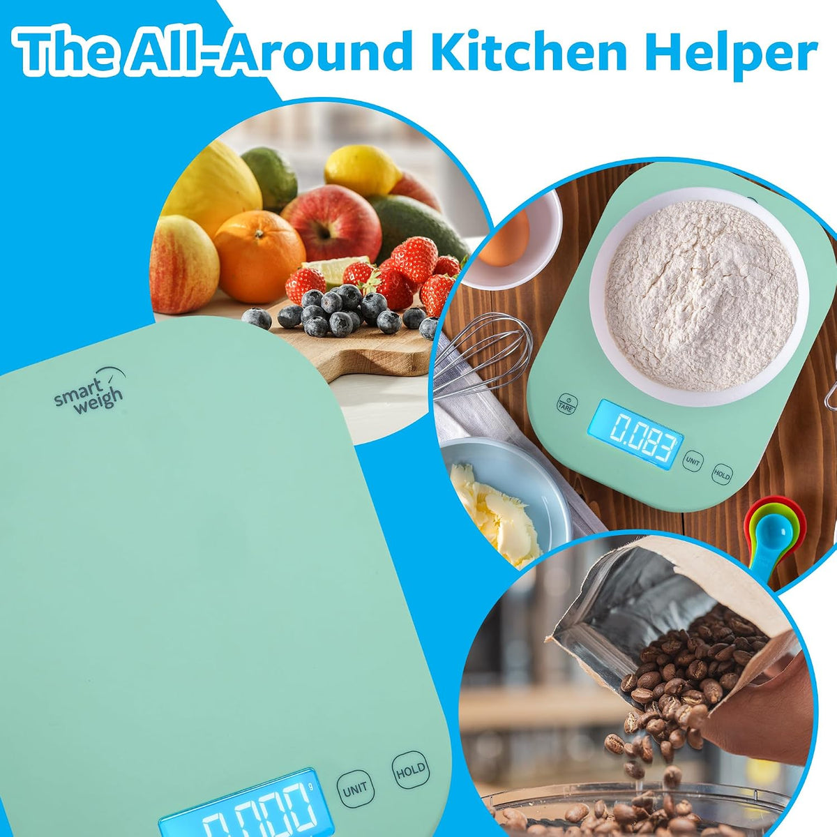 Mint Green Kitchen Scale, 11 lb x 1g, Tare & Backlit Display