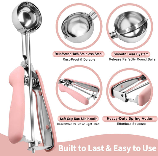 Cookie Scoops for Baking Set of 2, Pink Handle 18/8 Stainless Steel Ice Cream Scoop Set with Ergonomic Soft Grip, Spring Trigger Release Cookie Dough Scooper for Cupcakes, Muffins, Meatballs, Melon
