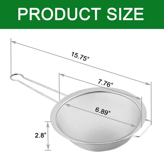 Fine Mesh Strainer with Sturdy Handle, 7.76 Inch Stainless Steel Strainers, Bonus 20x20 Inch Reusable Cotton Cheese Cloths with 4 Hemmed Edges, Sieve Sifter for Straining, Cooking, Baking