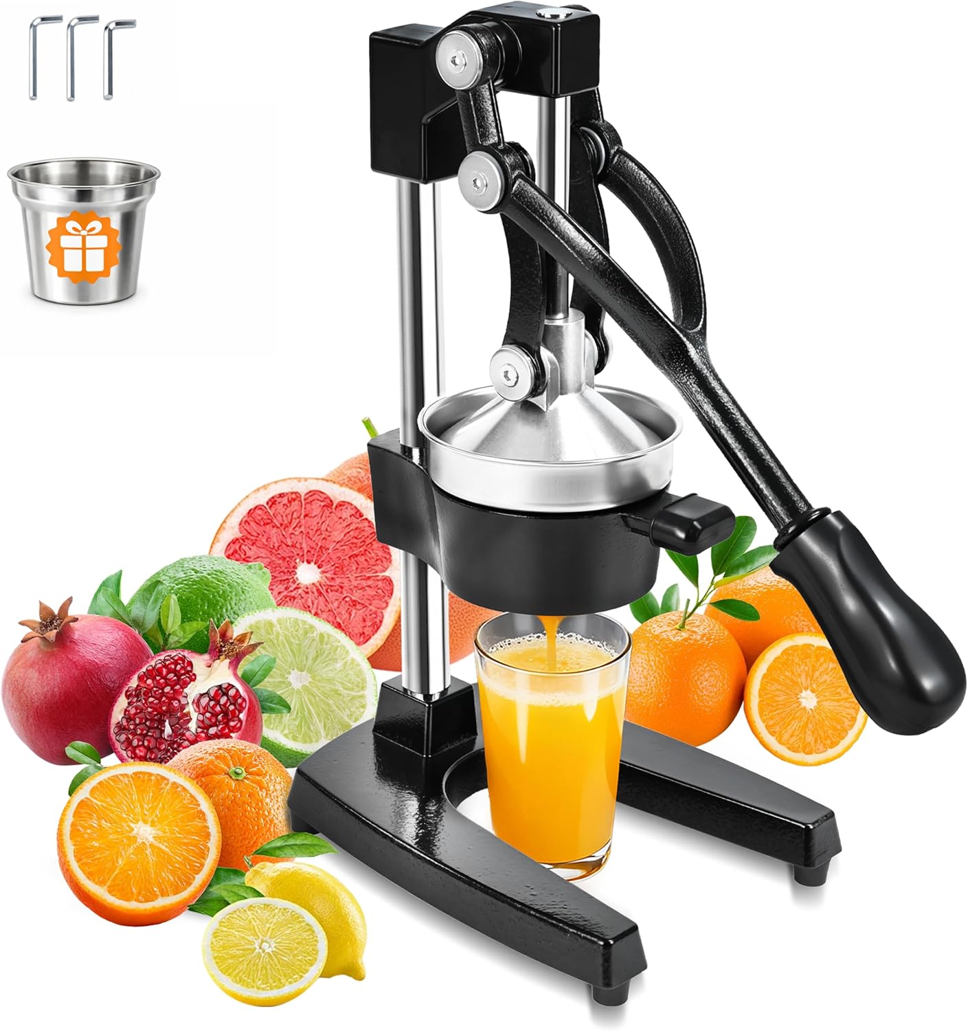 Cast Iron Manual Citrus Juicer, Heavy Duty Orange Juicer Hand Press | With Stainless Steel Cup, Citrus Press for Lemon Lime Grapefruit & Pomegranate, Commercial Countertop Fruit Juicer