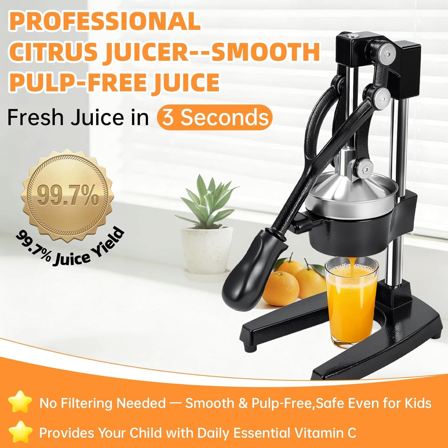 Cast Iron Manual Citrus Juicer, Heavy Duty Orange Juicer Hand Press | With Stainless Steel Cup, Citrus Press for Lemon Lime Grapefruit & Pomegranate, Commercial Countertop Fruit Juicer