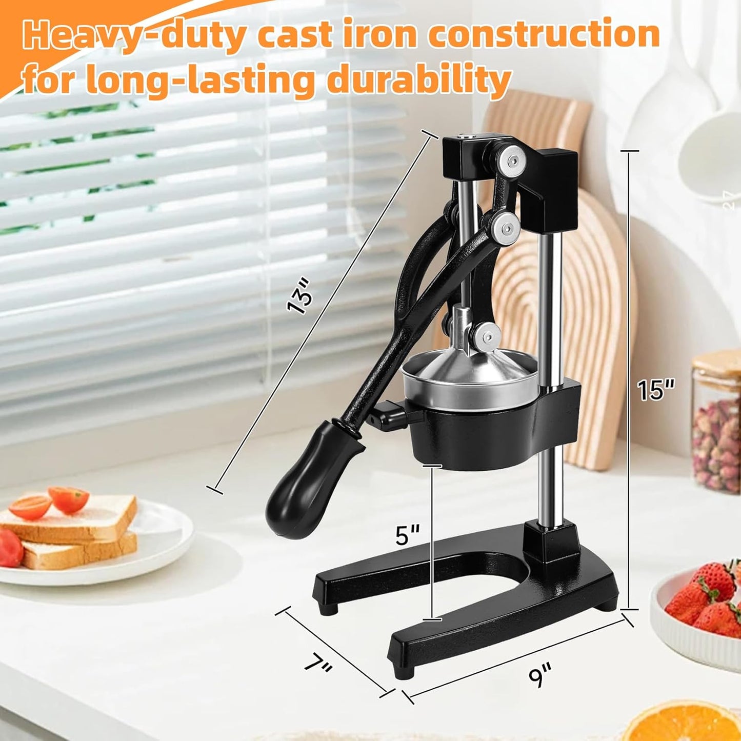 Cast Iron Manual Citrus Juicer, Heavy Duty Orange Juicer Hand Press | With Stainless Steel Cup, Citrus Press for Lemon Lime Grapefruit & Pomegranate, Commercial Countertop Fruit Juicer