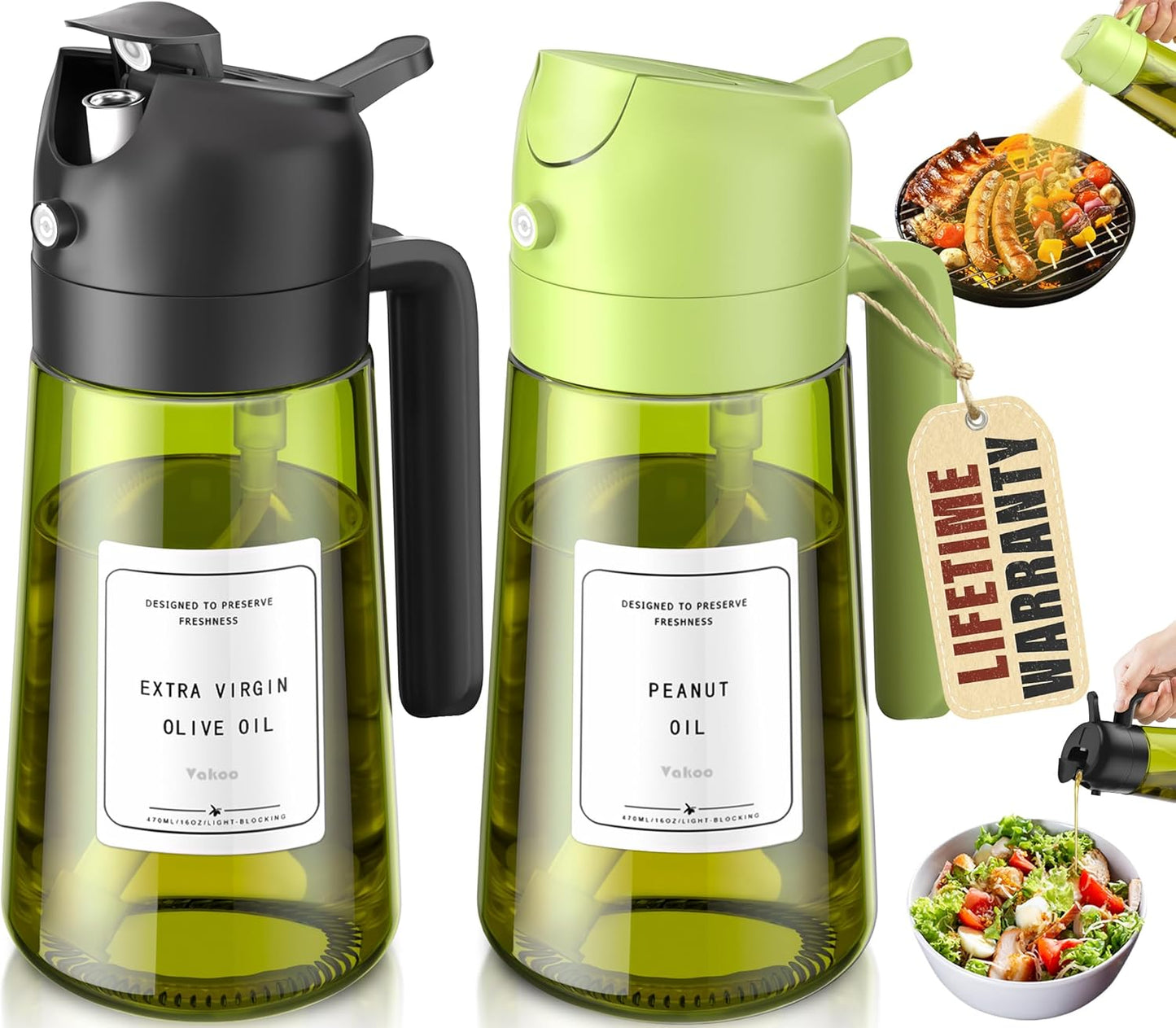 2 in 1 Oil Sprayer and Oil Dispenser for Kitchen - 16oz/470ml Light-Blocking Dark Glass Olive Oil Spray Bottle for Cooking, Air Fryer, Salad & BBQ (Black&Green)