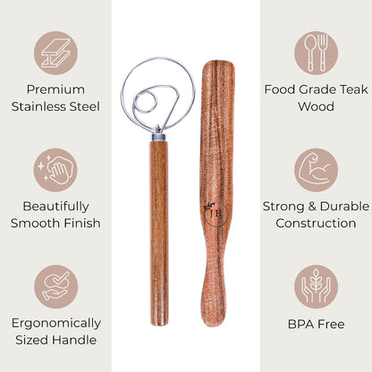 Dutch Dough Whisk & Teak Spurtle Set; Premium Stainless Steel Sourdough Whisk, Wooden Starter Jar Spatula; Sourdough Bread Baking Supplies for Home Bakers; BPA-Free, Bread Making Tools