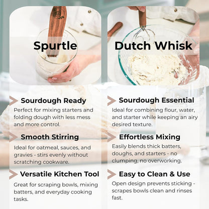 Dutch Dough Whisk & Teak Spurtle Set; Premium Stainless Steel Sourdough Whisk, Wooden Starter Jar Spatula; Sourdough Bread Baking Supplies for Home Bakers; BPA-Free, Bread Making Tools