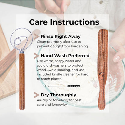 Dutch Dough Whisk & Teak Spurtle Set; Premium Stainless Steel Sourdough Whisk, Wooden Starter Jar Spatula; Sourdough Bread Baking Supplies for Home Bakers; BPA-Free, Bread Making Tools