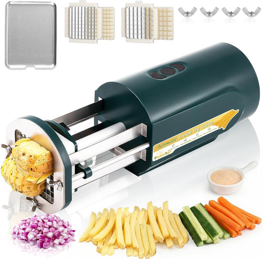 Electric French Fry Cutter with 1/2&3/8" Stainless Steel Blades ﻿ | Professional potato cutting machine with custom tray, automatic efficient vegetable dicer for carrots, zucchini, apple&onion