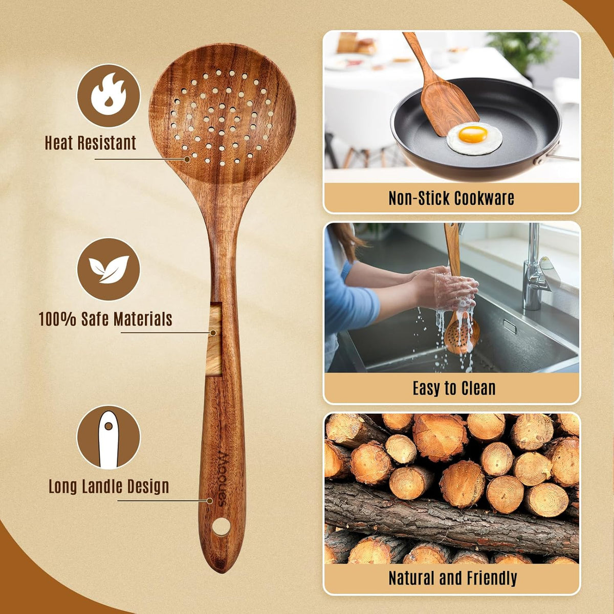 Wooden Ladle for Soup, 3 Size Teak Wood Ladle Spoon with Back Hooks, Heat Resistant Wooden Spoons for Cooking, Non-Stick, Comfortable Grip, Wood Kitchen Utensils Set for Serving, Stirring