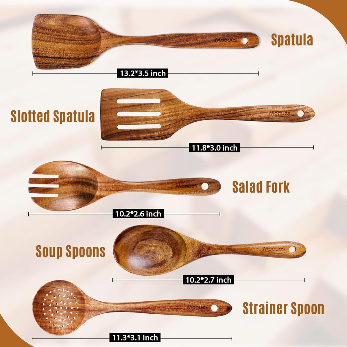 Wooden Ladle for Soup, 3 Size Teak Wood Ladle Spoon with Back Hooks, Heat Resistant Wooden Spoons for Cooking, Non-Stick, Comfortable Grip, Wood Kitchen Utensils Set for Serving, Stirring