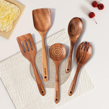 Wooden Ladle for Soup, 3 Size Teak Wood Ladle Spoon with Back Hooks, Heat Resistant Wooden Spoons for Cooking, Non-Stick, Comfortable Grip, Wood Kitchen Utensils Set for Serving, Stirring