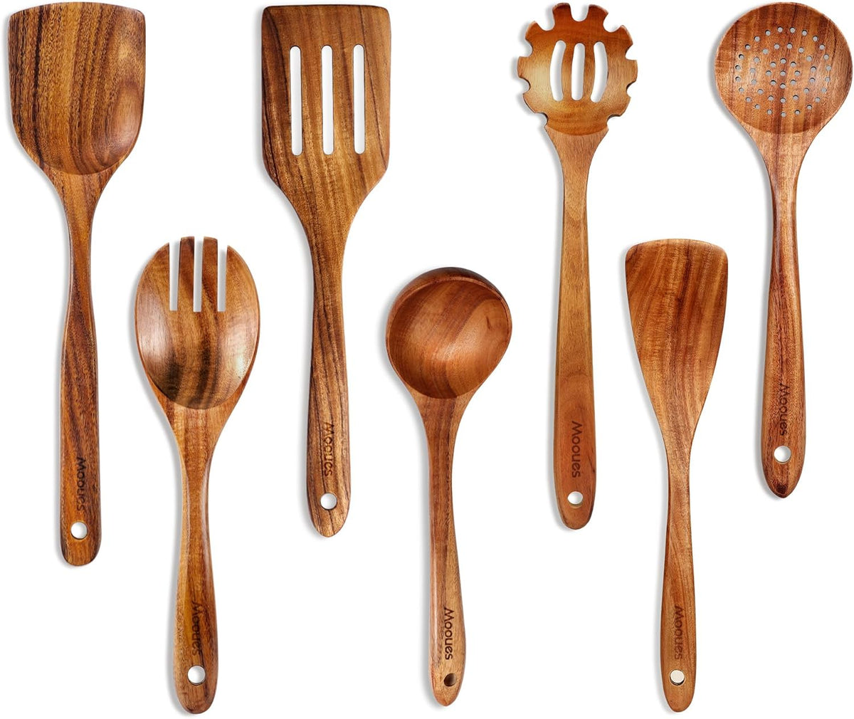 Wooden Ladle for Soup, 3 Size Teak Wood Ladle Spoon with Back Hooks, Heat Resistant Wooden Spoons for Cooking, Non-Stick, Comfortable Grip, Wood Kitchen Utensils Set for Serving, Stirring