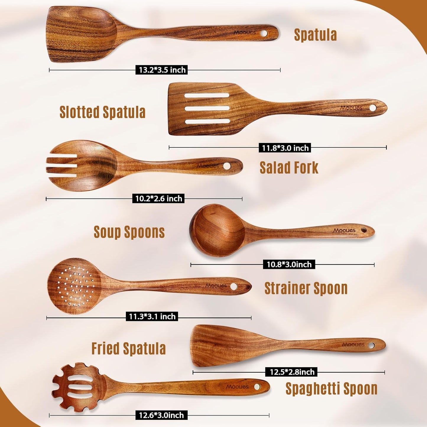 Wooden Ladle for Soup, 3 Size Teak Wood Ladle Spoon with Back Hooks, Heat Resistant Wooden Spoons for Cooking, Non-Stick, Comfortable Grip, Wood Kitchen Utensils Set for Serving, Stirring