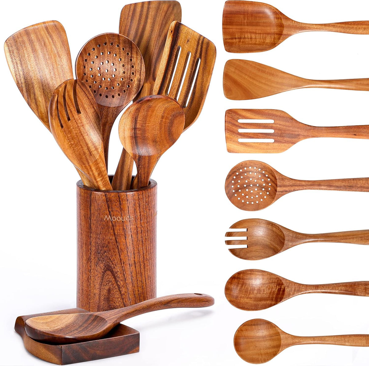 Wooden Ladle for Soup, 3 Size Teak Wood Ladle Spoon with Back Hooks, Heat Resistant Wooden Spoons for Cooking, Non-Stick, Comfortable Grip, Wood Kitchen Utensils Set for Serving, Stirring