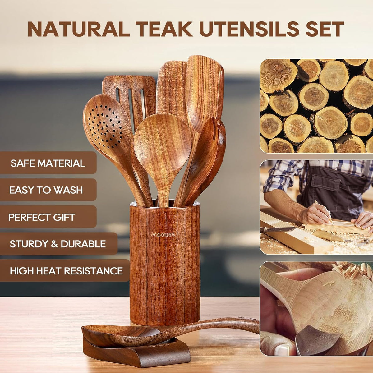 Wooden Ladle for Soup, 3 Size Teak Wood Ladle Spoon with Back Hooks, Heat Resistant Wooden Spoons for Cooking, Non-Stick, Comfortable Grip, Wood Kitchen Utensils Set for Serving, Stirring