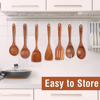 Wooden Ladle for Soup, 3 Size Teak Wood Ladle Spoon with Back Hooks, Heat Resistant Wooden Spoons for Cooking, Non-Stick, Comfortable Grip, Wood Kitchen Utensils Set for Serving, Stirring