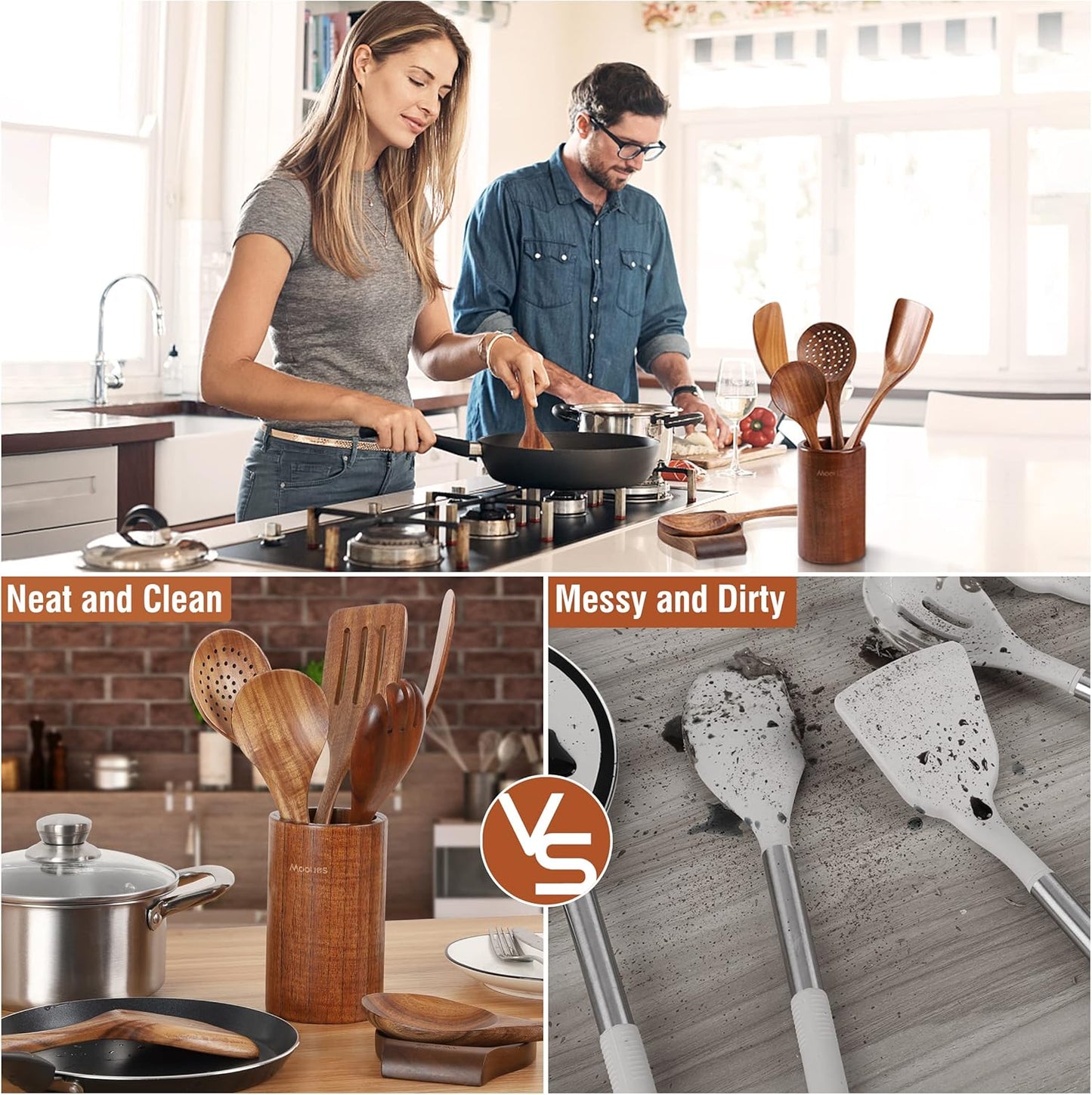 Wooden Ladle for Soup, 3 Size Teak Wood Ladle Spoon with Back Hooks, Heat Resistant Wooden Spoons for Cooking, Non-Stick, Comfortable Grip, Wood Kitchen Utensils Set for Serving, Stirring