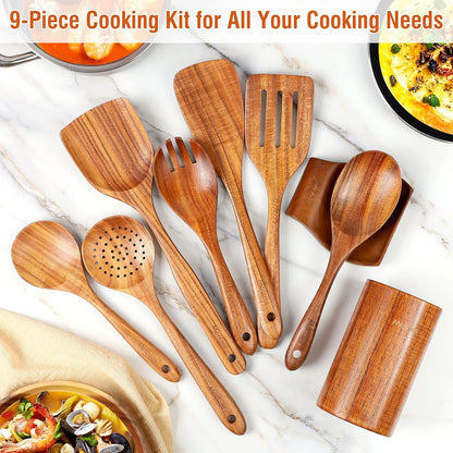 Wooden Ladle for Soup, 3 Size Teak Wood Ladle Spoon with Back Hooks, Heat Resistant Wooden Spoons for Cooking, Non-Stick, Comfortable Grip, Wood Kitchen Utensils Set for Serving, Stirring