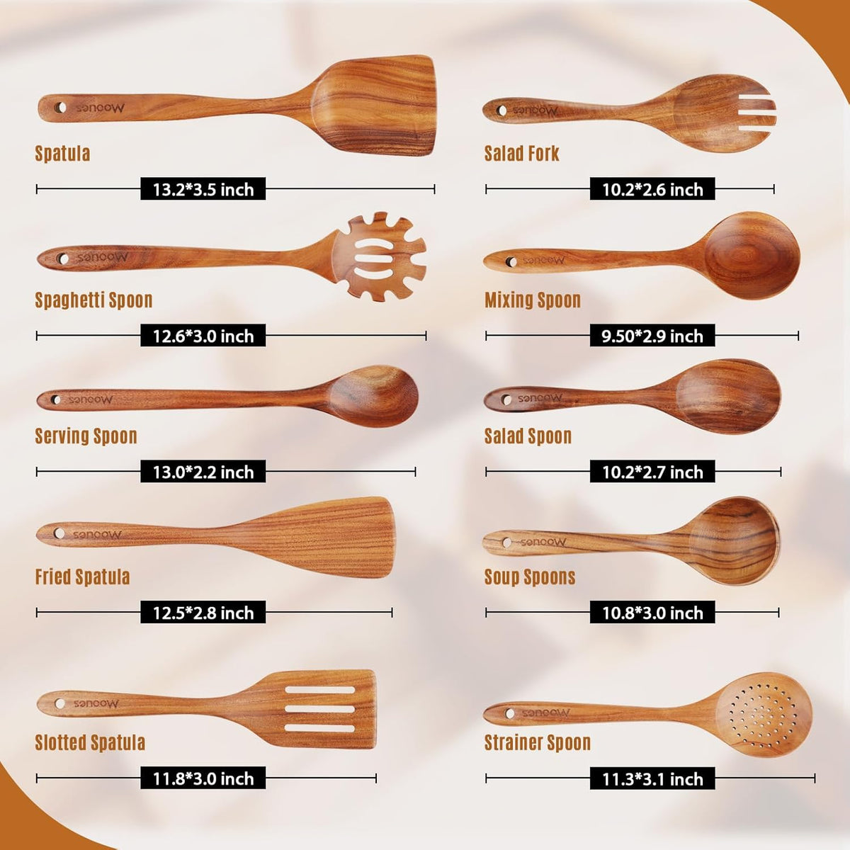 Wooden Ladle for Soup, 3 Size Teak Wood Ladle Spoon with Back Hooks, Heat Resistant Wooden Spoons for Cooking, Non-Stick, Comfortable Grip, Wood Kitchen Utensils Set for Serving, Stirring