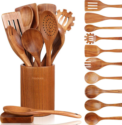 Wooden Ladle for Soup, 3 Size Teak Wood Ladle Spoon with Back Hooks, Heat Resistant Wooden Spoons for Cooking, Non-Stick, Comfortable Grip, Wood Kitchen Utensils Set for Serving, Stirring