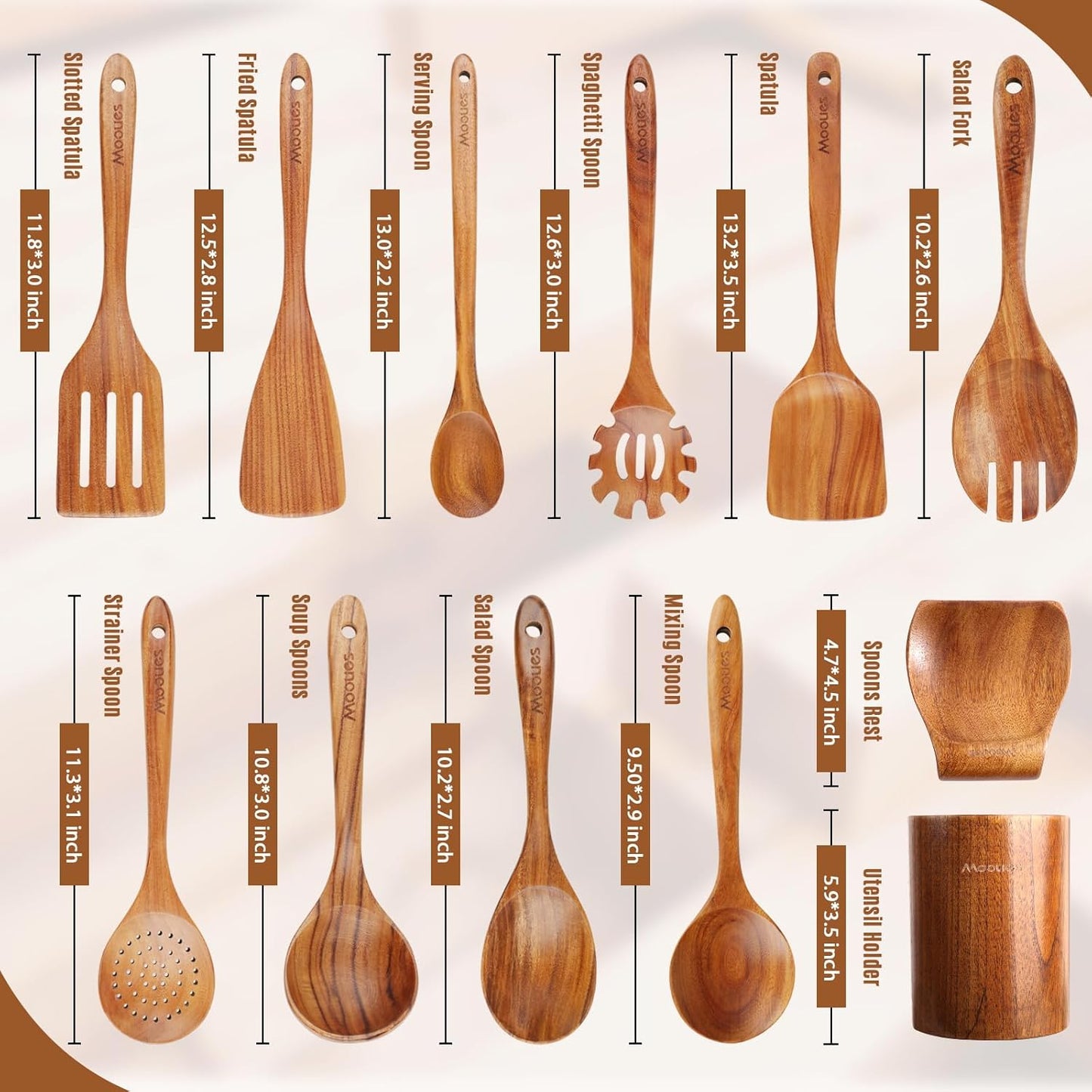 Wooden Ladle for Soup, 3 Size Teak Wood Ladle Spoon with Back Hooks, Heat Resistant Wooden Spoons for Cooking, Non-Stick, Comfortable Grip, Wood Kitchen Utensils Set for Serving, Stirring