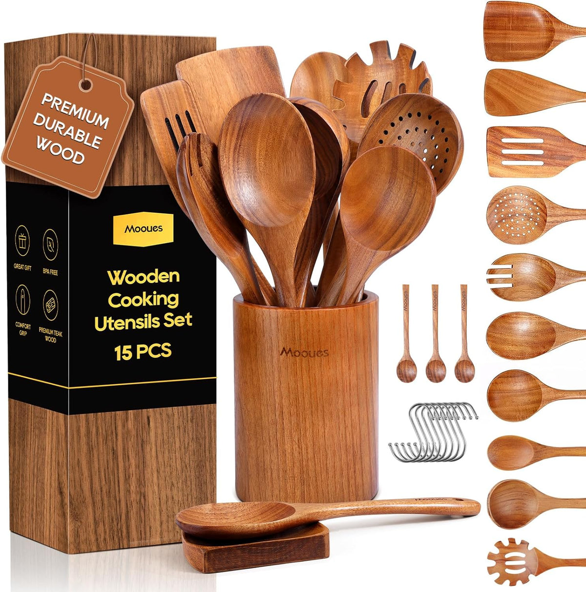 Wooden Ladle for Soup, 3 Size Teak Wood Ladle Spoon with Back Hooks, Heat Resistant Wooden Spoons for Cooking, Non-Stick, Comfortable Grip, Wood Kitchen Utensils Set for Serving, Stirring